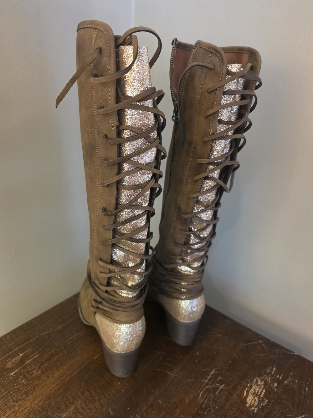Women's Brown Lace-Up Knee-High Boots with Glitter Accent Size 10
